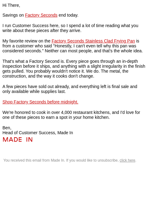 madeincookware newsletter: Savings on Factory Seconds Ends Today