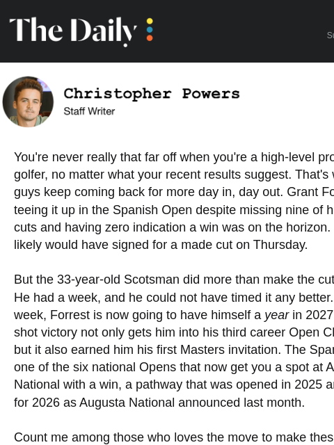 golfdigest newsletter: Slumping pro earns first Masters invite