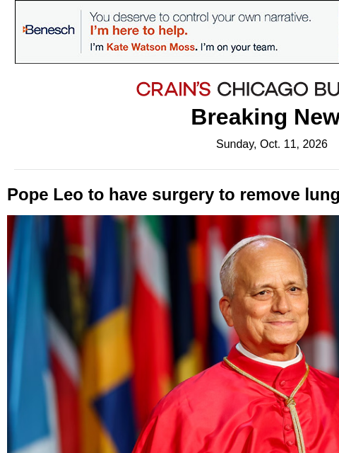 crainalerts newsletter: Pope Leo to have surgery