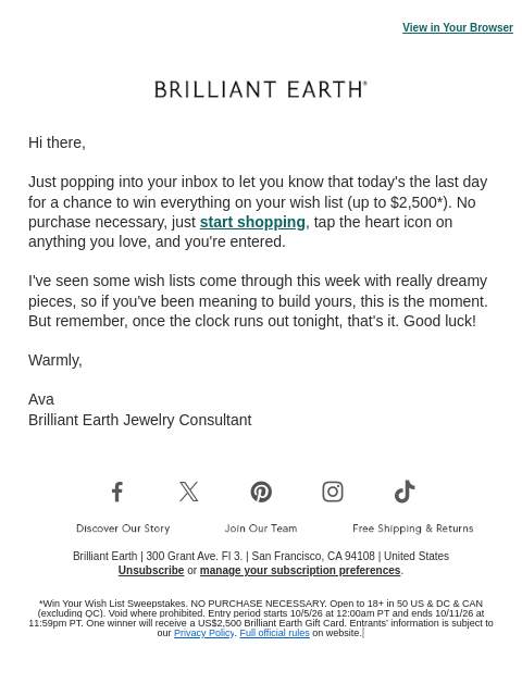 brilliantearth newsletter: Your chance to win ends tonight
