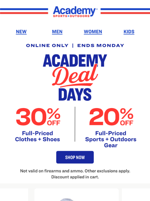 academy newsletter: Hurry! 30% OFF Clothes + Shoes | 20% OFF Sports + ...