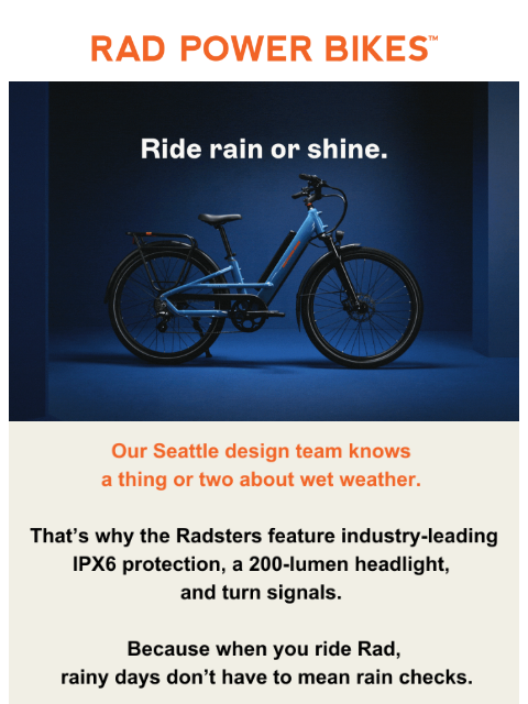 radpowerbikes newsletter: Built for Seattle weather 🌧️ Ready for anywhere