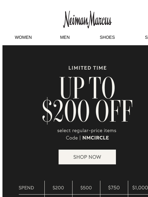 neimanmarcus newsletter: Last chance before FD: up to $200 off