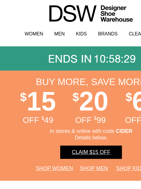 dsw newsletter: Go WILD: $15 off 🦁🐍🐆