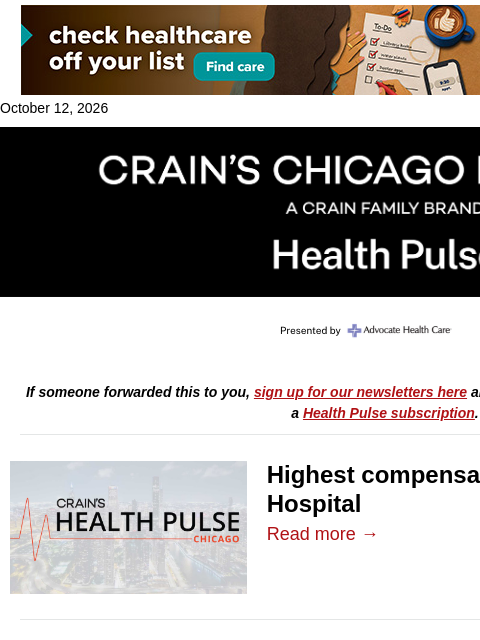 crainalerts newsletter: Top salaries at Lurie