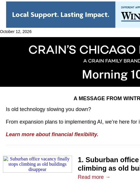 crainalerts newsletter: Suburban office vacancy finally plateaus
