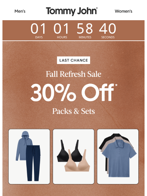 tommyjohn newsletter: ENDS SOON ⌛ 30% Off All Packs & Sets