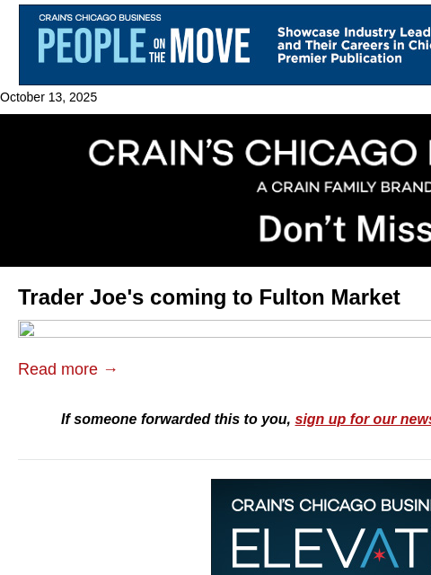 crainalerts newsletter: Fulton Market lands a Trader Joe's