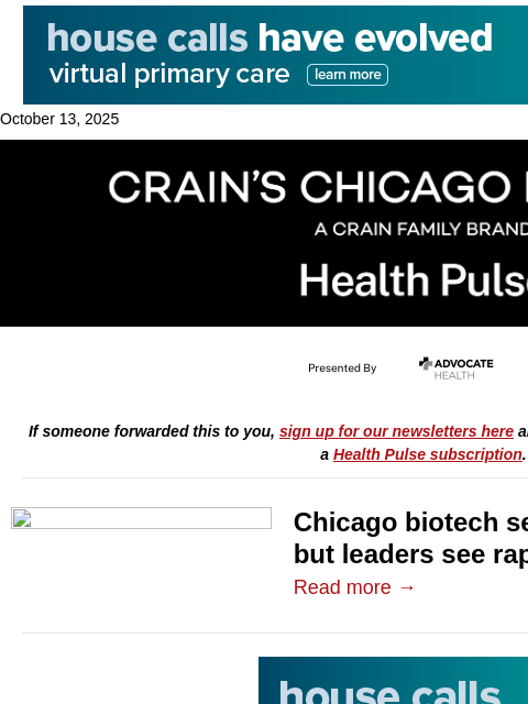 crainalerts newsletter: Biotech leaders see growth potential in Chicago