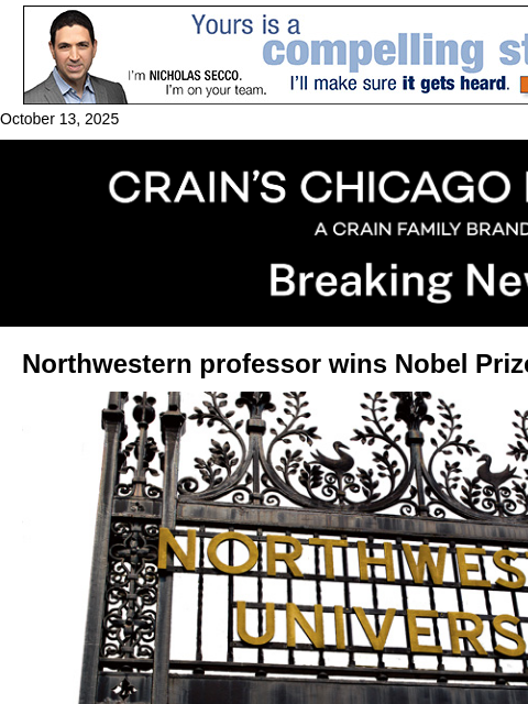 crainalerts newsletter: Northwestern prof wins Nobel Prize for economics