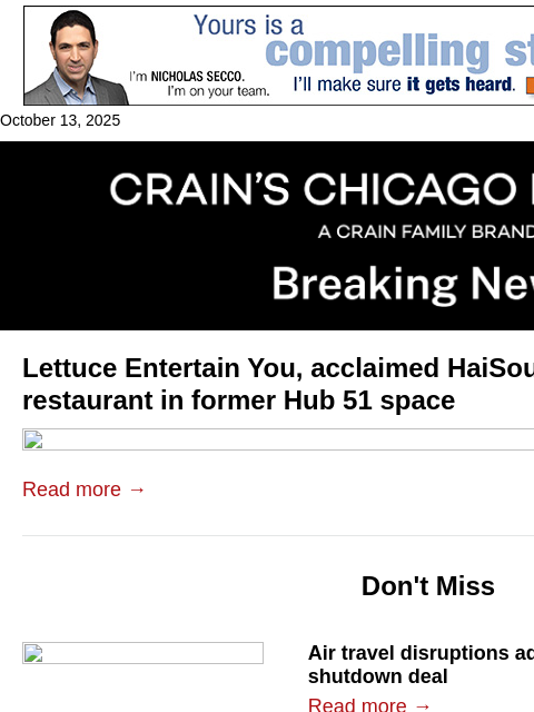 crainalerts newsletter: Lettuce, James Beard finalist opening River North ...