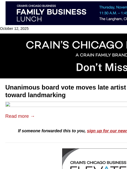 crainalerts newsletter: Artist's historic home closer to landmarking