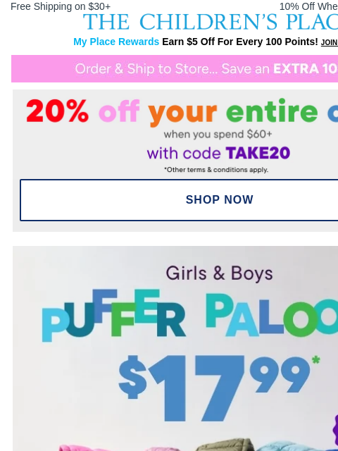 childrensplace newsletter: Warm Up: $17.99 Puffers + $5 Hats & Gloves Inside!