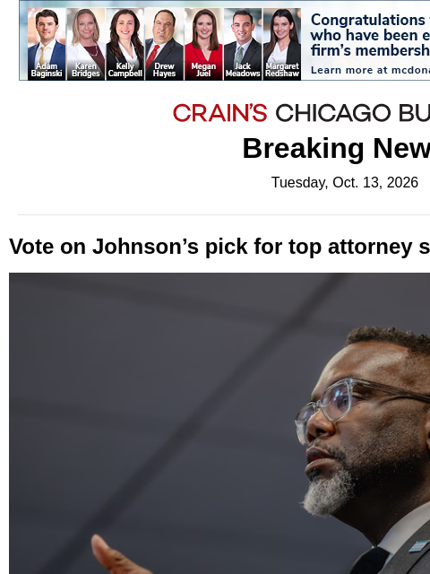 crainalerts newsletter: Mayor's pick for top attorney post stalls in City ...