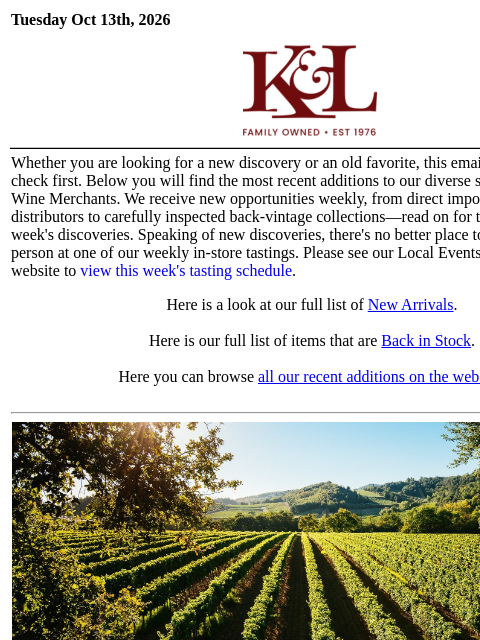 klwines newsletter: The Latest from K&L: New Adds and Back In Stock