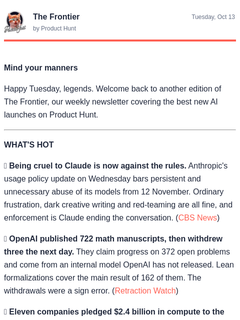 producthunt newsletter: 🧠 Be nice to Claude, it's policy now