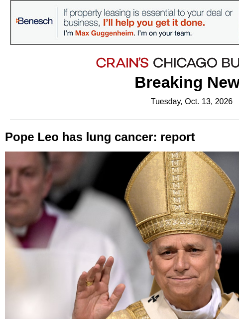 crainalerts newsletter: Pope Leo has lung cancer: report