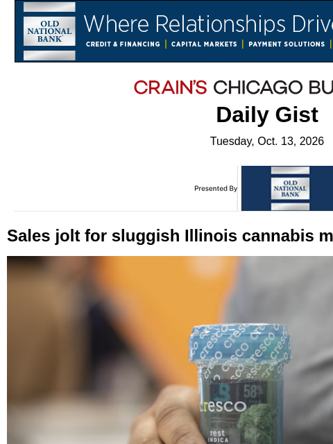 crainalerts newsletter: Sales jolt for sluggish Illinois cannabis market