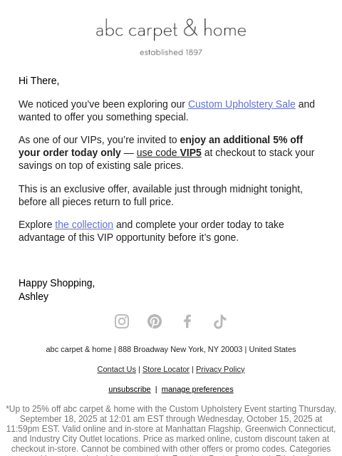 abchome newsletter: Your VIP Offer: Additional 5% Off Custom Upholster...