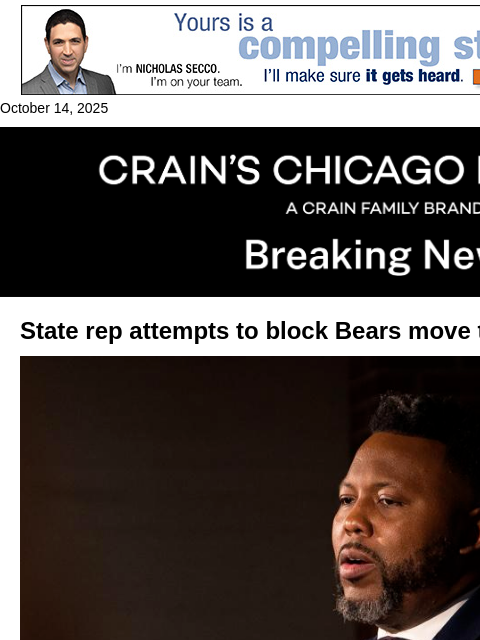 crainalerts newsletter: Bill aims to block Bears' move to Arlington Height...