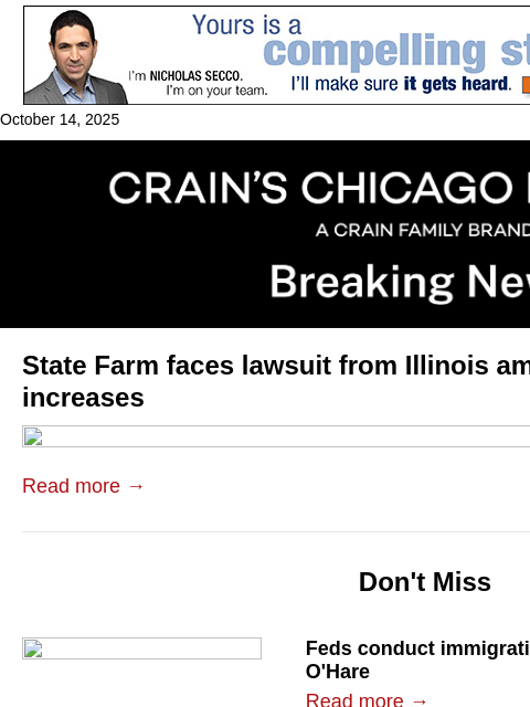 crainalerts newsletter: Illinois AG sues State Farm