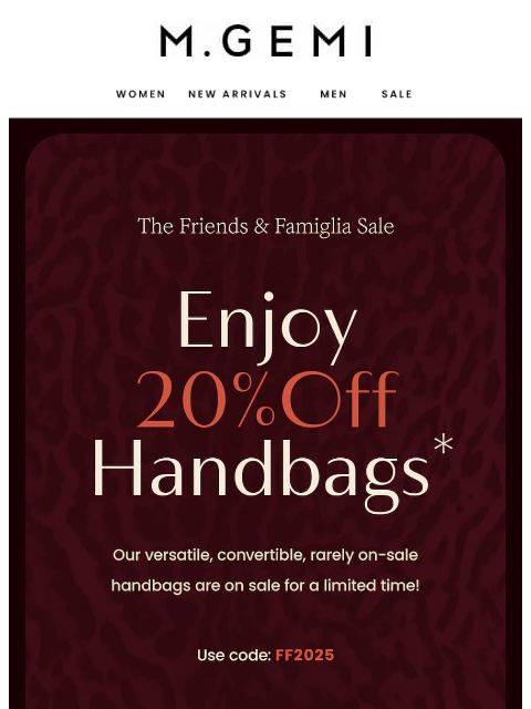 mgemi newsletter: This Never Happens: 20% Off Bags!