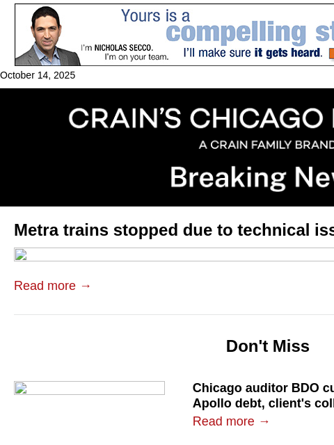 crainalerts newsletter: Metra trains stopped