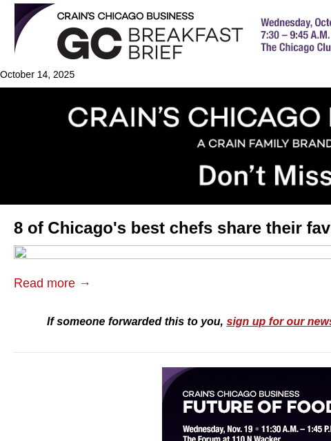 crainalerts newsletter: Chicago chefs' recommended restaurants