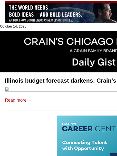 crainalerts newsletter: Illinois budget forecast darkens: Crain's Daily Gi...