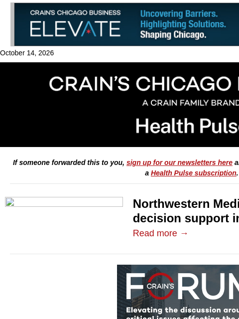 crainalerts newsletter: Northwestern's AI-EHR integration