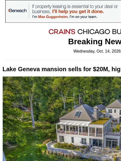 crainalerts newsletter: Lake Geneva mansion fetches year's top sale price