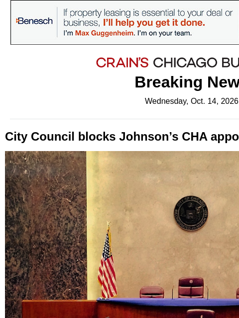 crainalerts newsletter: Council blocks Johnson's CHA appointments