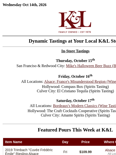 klwines newsletter: Halloween Beers, Wines of Alsace, Bordeaux's Moder...