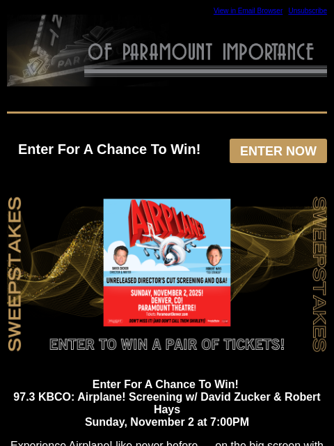 kroenkeentertainment newsletter: ENTER TO WIN: Airplane! Screening w/ David Zucker ...