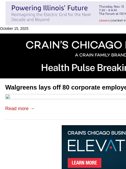 crainalerts newsletter: Walgreens lays off 80 corporate employees
