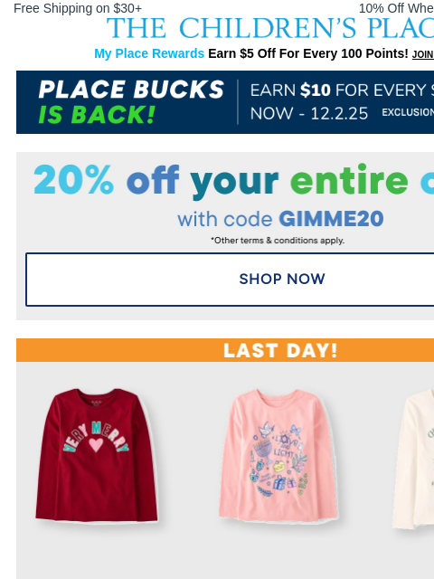 childrensplace newsletter: EXPIRES SOON: $3.99 Long Sleeve Tees going FAST!