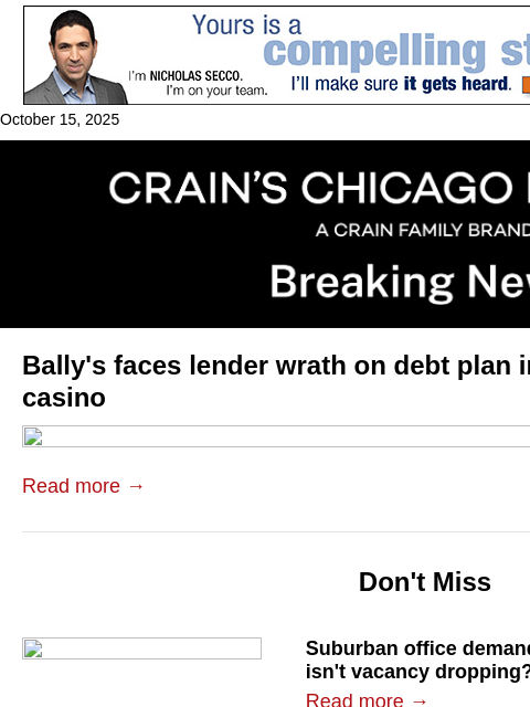 crainalerts newsletter: Bally's faces lender wrath on debt plan