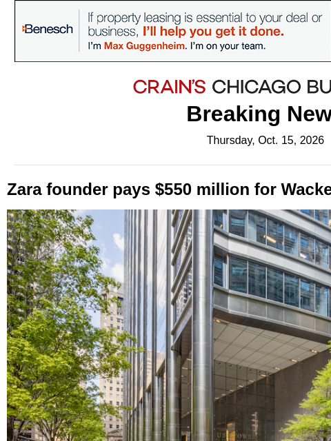 crainalerts newsletter: Downtown's biggest office tower sale since 2022