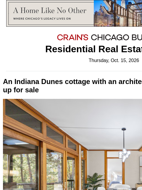 crainalerts newsletter: Indiana Dunes getaway lists for $775,000