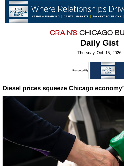 crainalerts newsletter: Diesel prices squeeze Chicago economy’s obscure co...