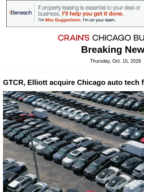 crainalerts newsletter: Chicago auto tech firm CCC sold for $4.6B