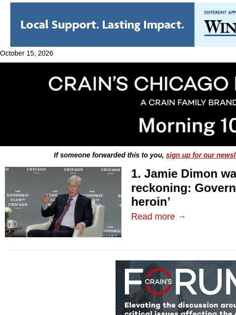 crainalerts newsletter: Jamie Dimon gives stark warning in Chicago