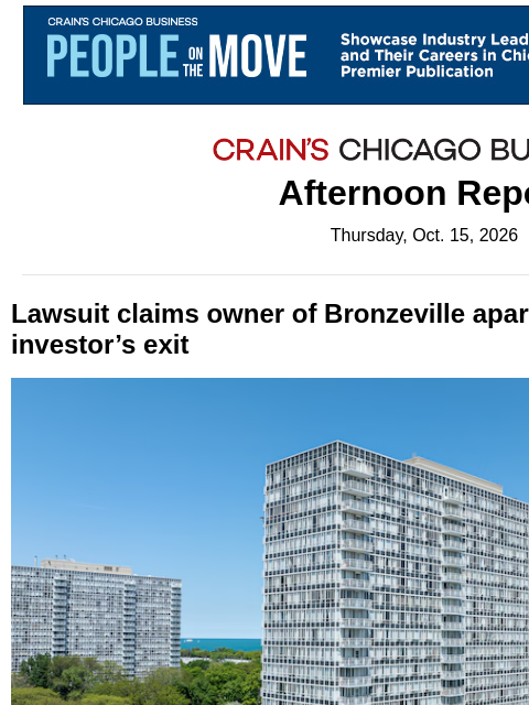 crainalerts newsletter: Investor sues to exit huge Bronzeville complex