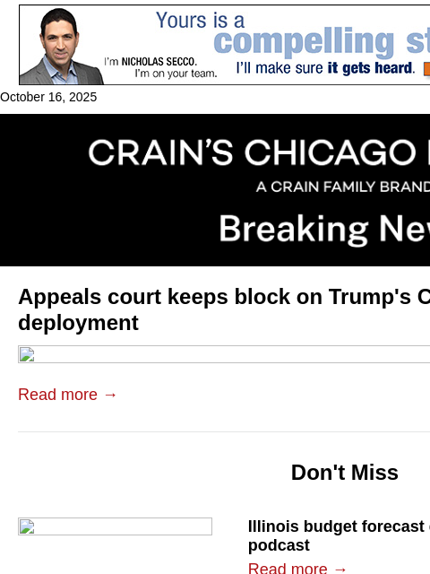 crainalerts newsletter: Court keeps block on Trump's Chicago troop plan