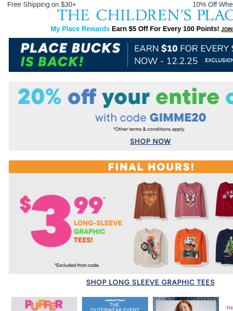 childrensplace newsletter: FINAL HOURS! $3.99 Long Sleeve Graphic Tees ENDS t...