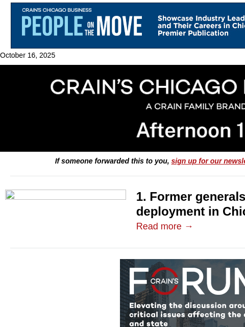 crainalerts newsletter: Former generals oppose Chicago troop moves