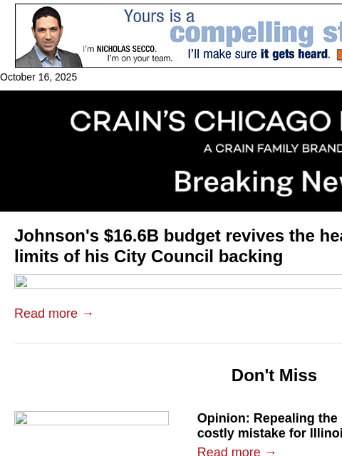 crainalerts newsletter: Johnson reveals $16.6B city budget