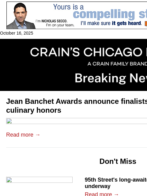 crainalerts newsletter: Jean Banchet Awards finalists announced