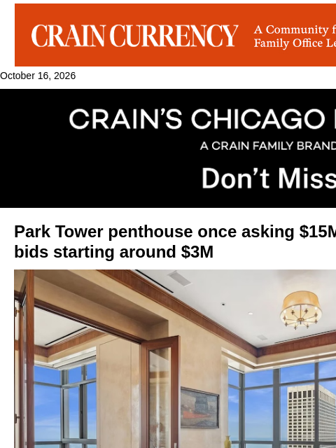 crainalerts newsletter: Michigan Avenue penthouse heads to auction