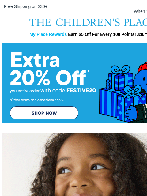 childrensplace newsletter: 🎉 EXTRA 20% off Everything Cozy is ON!